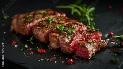 Delicious Steak on Black Plate With Garnish