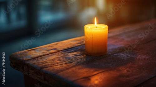  a lit candle sitting on top of a wooden table next to a glass bottle of wine on a wooden table with a blurry background of a building in the background.