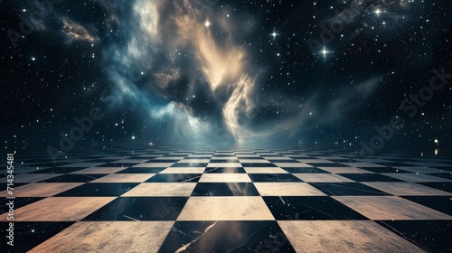 Black and White Checkered Floor With Stars in the Sky photo