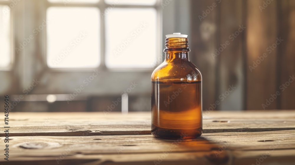 a close up of a brown bottle on a wooden table with a window in the background and sunlight coming in through the window panes on the wood planks. a close up of a brown bottle on a wooden table with a window in the background and sunlight coming in through the window panes on the wood planks.
