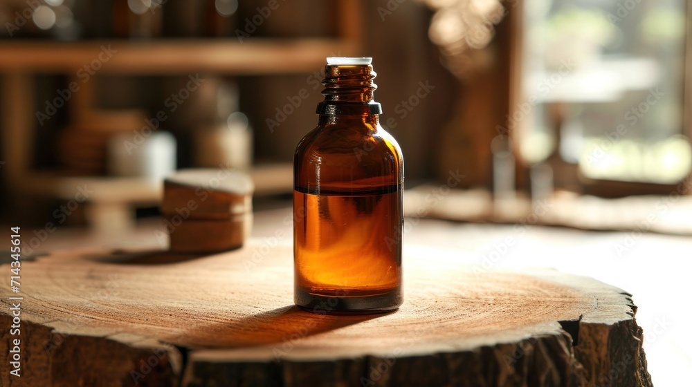 a brown glass bottle sitting on top of a wooden table next to a wooden slice of wood with a light shining on the top of the top of the bottle. a brown glass bottle sitting on top of a wooden table next to a wooden slice of wood with a light shining on the top of the top of the bottle.