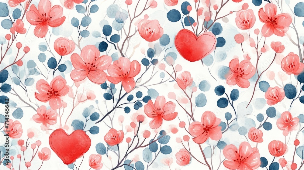 Playful Heart Foliage Pattern - Light-hearted Romance with Pink Blossoms, Valentine's Day Concept Playful Heart Foliage Pattern - Light-hearted Romance with Pink Blossoms, Valentine's Day Concept