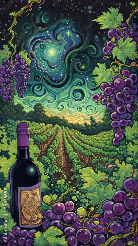 Painting of Bottle of Wine and Grapes, Classic Still Life Artwork