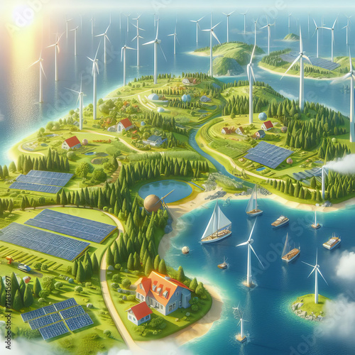 Obraz na płótnie Illustration of wind generators and solar panels on the land w salonie