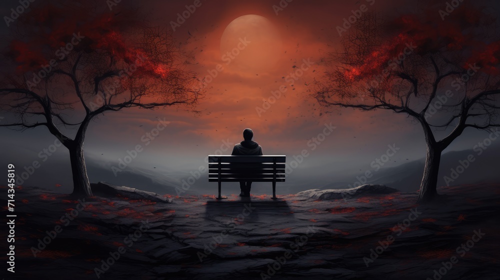 Loneliness and depression concept. Solitude, melancholy. Lonely person sits alone on a bench by the trees. AI Generated