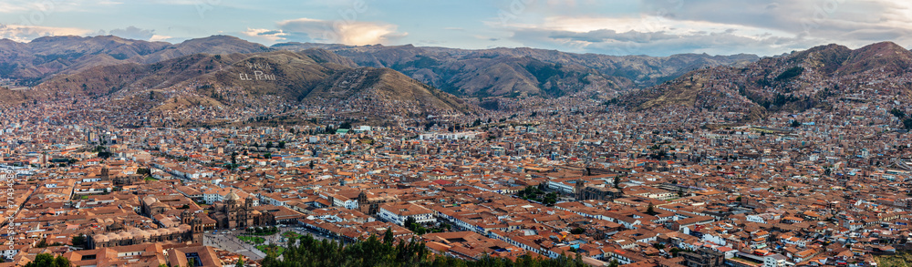 Panoramic City view of Cusco from Saqsayhuaman ruins in the hills .Peru .South America.
