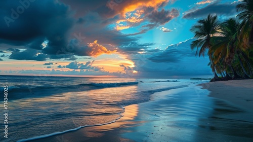 Sunset on Tropical Beach With Palm Trees, Breathtaking Nature Beauty © Denys