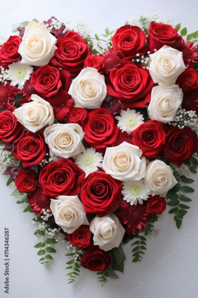 Serene Elegance with Roses - Heart Objects on White Marble, Valentine's Day Concept