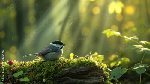  a small bird sitting on top of a moss covered log in the middle of a forest with sunlight streaming through the leaves and the sun shining down on the ground.