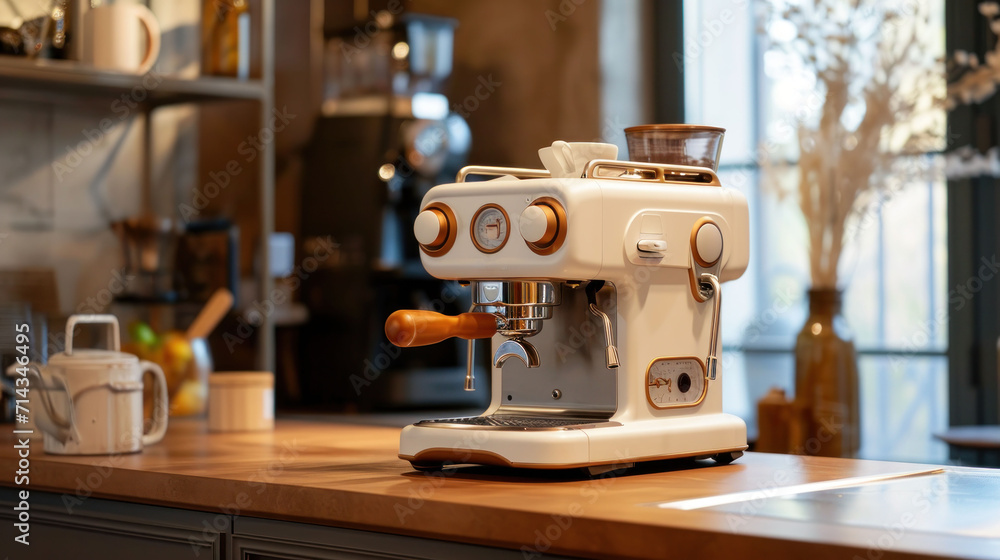 Fototapeta premium a white coffee maker sitting on top of a wooden counter next to a coffee pot and a cup on top of a saucer on a counter top of a counter.