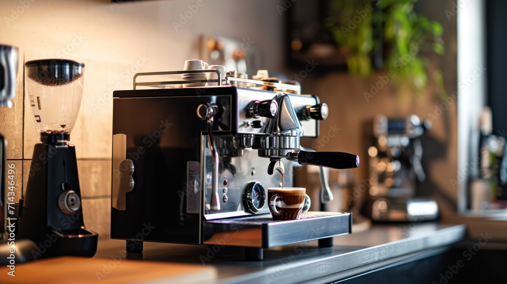 an espresso machine sitting on top of a counter next to a coffee pot and a cup of coffee on a saucer next to the espresso machine. an espresso machine sitting on top of a counter next to a coffee pot and a cup of coffee on a saucer next to the espresso machine.