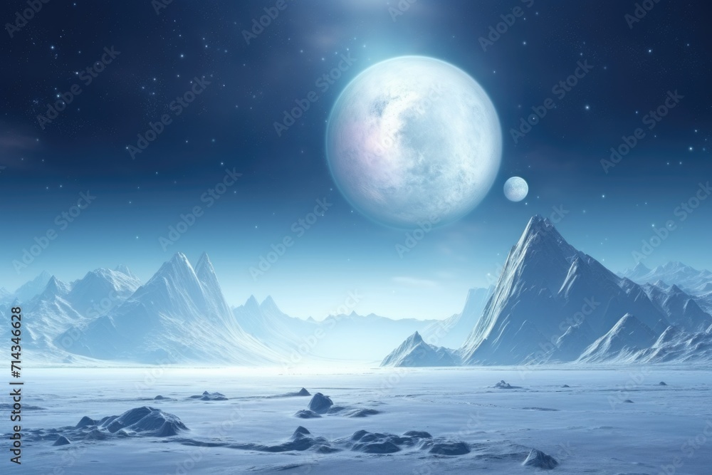 Distant icy planet with nebulae and two large moons Distant icy planet with nebulae and two large moons