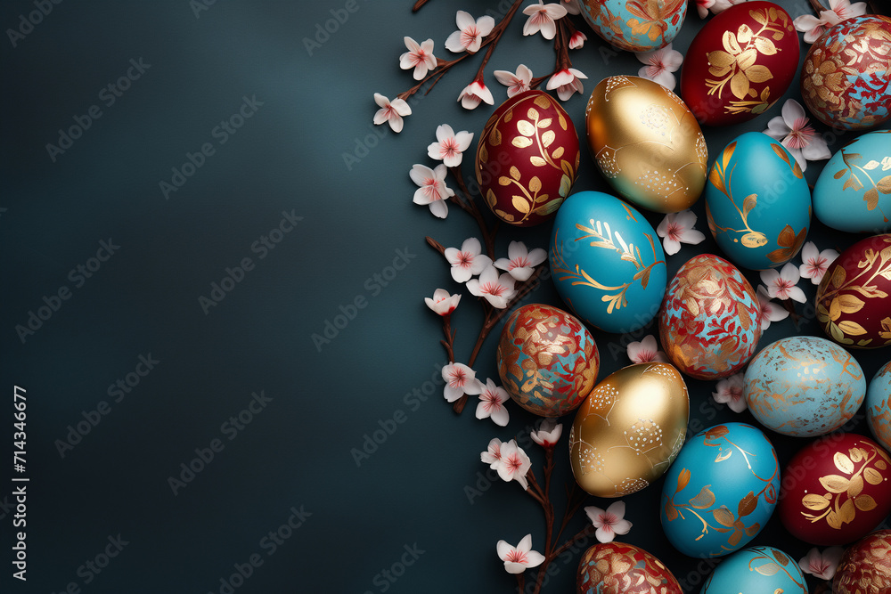 Flat lay of red, gold, blue Easter eggs on black background. Easter holiday and luxury concept. Design for holiday decoration, greeting card, invitation, banner, menu. Flat lay with copy space Flat lay of red, gold, blue Easter eggs on black background. Easter holiday and luxury concept. Design for holiday decoration, greeting card, invitation, banner, menu. Flat lay with copy space