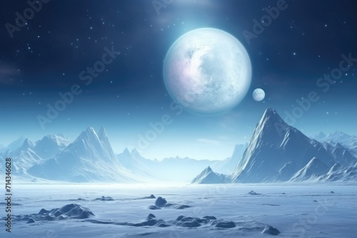 Distant icy planet with nebulae and two large moons © darshika