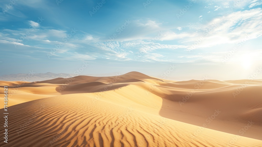  a desert landscape with sand dunes and a blue sky with white clouds and a sunbeam in the middle of the desert, with the sun shining through the clouds.