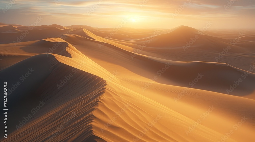  a desert landscape with sand dunes and the sun rising over the horizon, with a few clouds in the sky, and a few hills in the foreground, in the foreground.