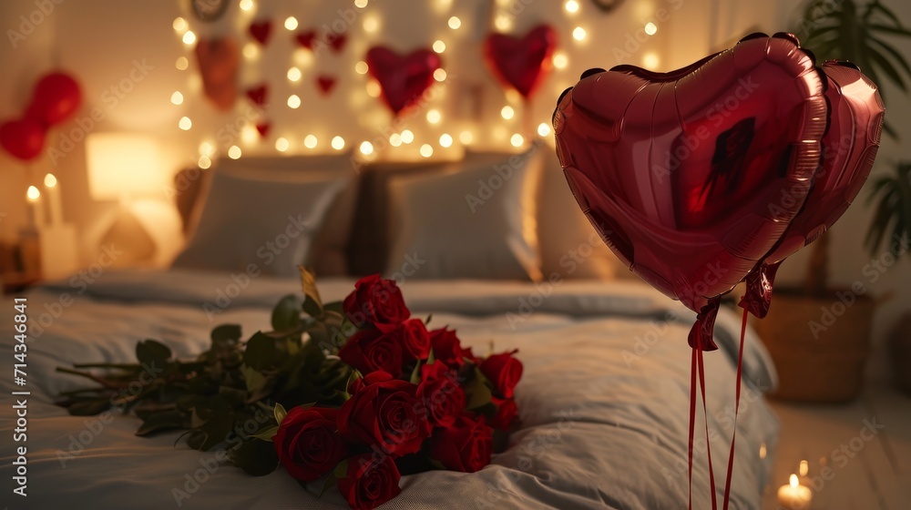 A bed with red roses and heart-shaped balloons set for a romantic Valentine's evening A bed with red roses and heart-shaped balloons set for a romantic Valentine's evening