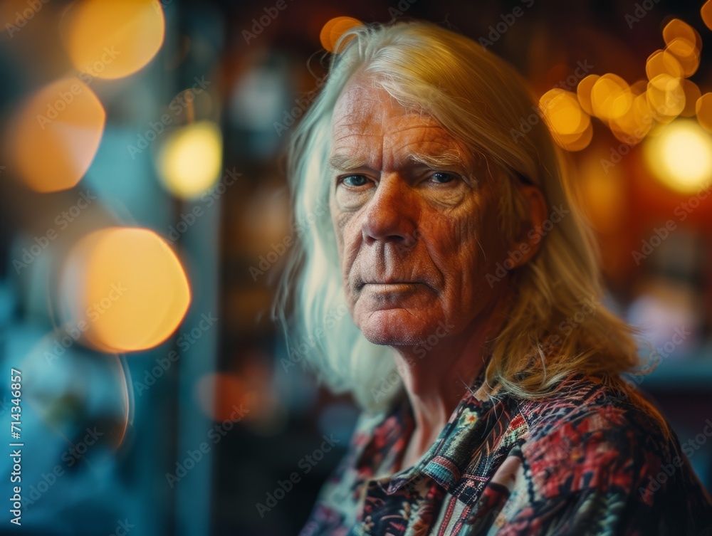 Photorealistic Old White Man with Blond Straight Hair vintage Illustration. Portrait of a person in 1970s era aesthetics. Disco fashion. Historic photo Ai Generated Horizontal Illustration.