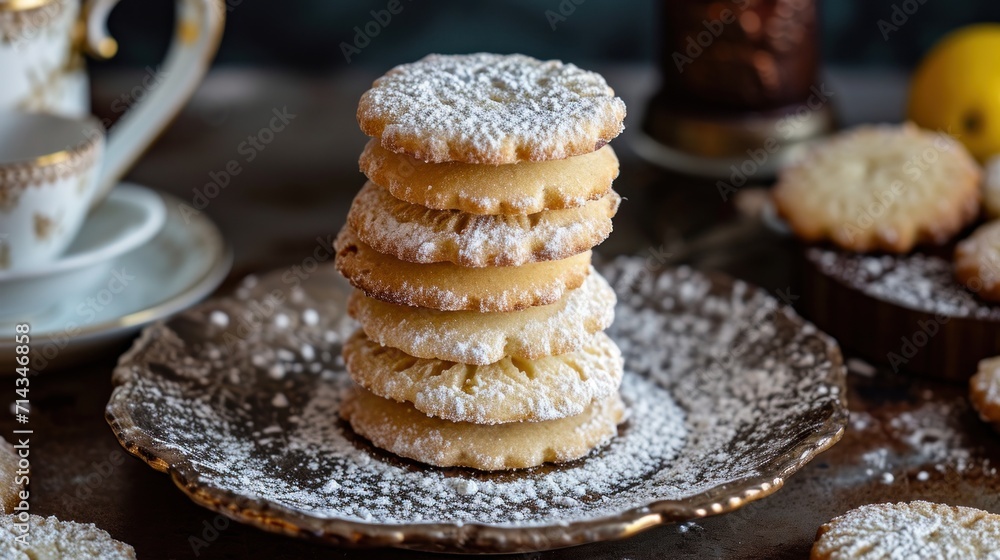 a stack of powdered sugar cookies sitting on top of a plate next to a cup of tea and a plate of cookies on a table with lemons in the background. a stack of powdered sugar cookies sitting on top of a plate next to a cup of tea and a plate of cookies on a table with lemons in the background.