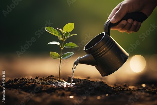 Human hand pours water on a small plant. Germination, gardening concept. Generative AI. photo