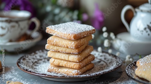  a stack of powdered sugar cookies sitting on top of a plate next to a cup of coffee and a plate of cookies with powdered sugar on top of them.