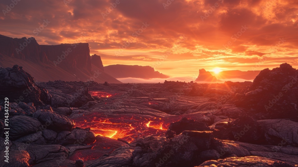  the sun is setting over a rocky area with lava and rocks in the foreground and a mountain range in the distance, with a body of water in the foreground.