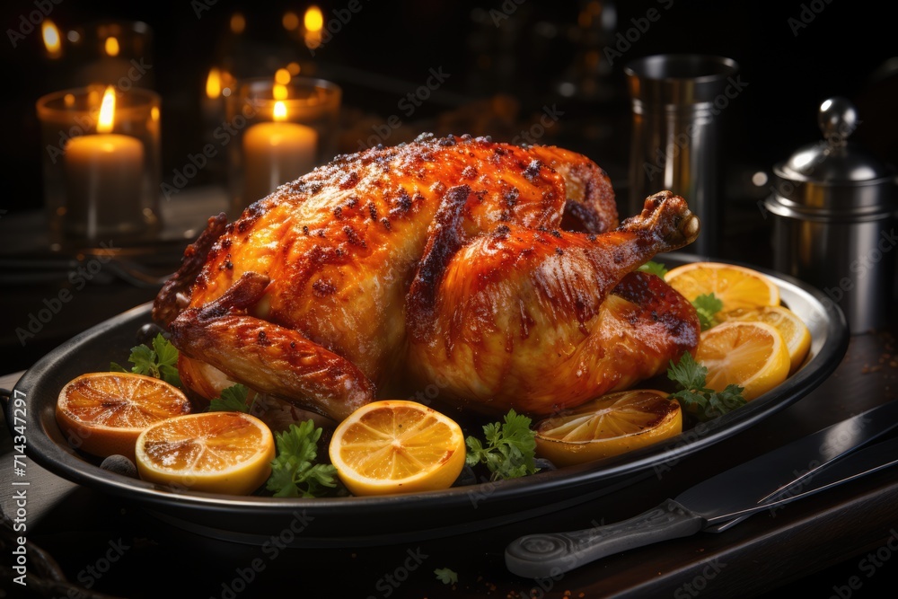Turkey on dish. Traditional festive food for Xmas or Thanksgiving. Burning candles. AI Generated Turkey on dish. Traditional festive food for Xmas or Thanksgiving. Burning candles. AI Generated