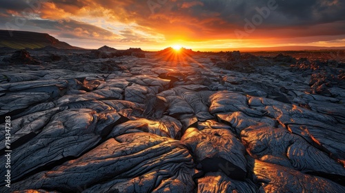  the sun is setting over a rocky area with a large amount of rocks in the foreground and a mountain range in the distance with a few trees in the foreground.