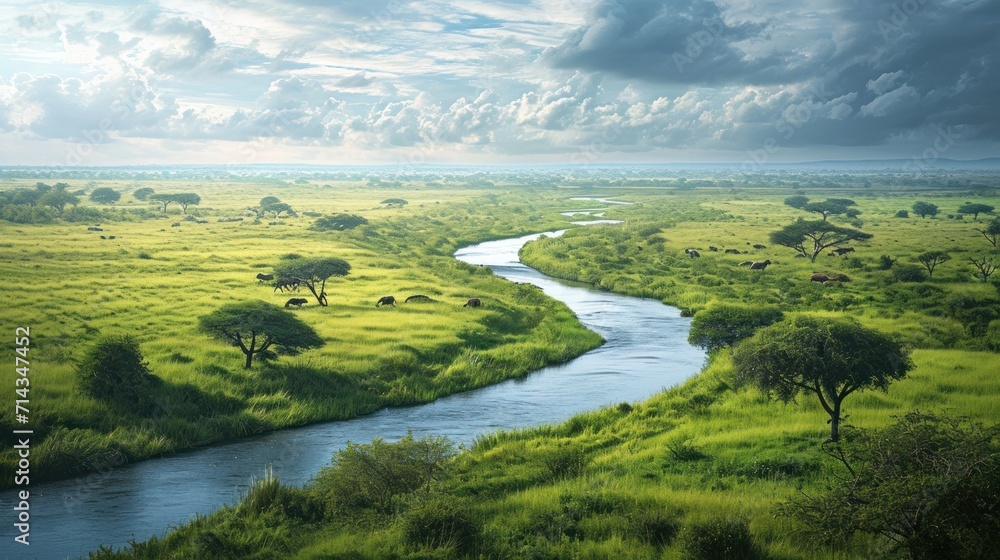  a river running through a lush green field next to a lush green field with trees and grass on both sides of the river and a cloudy sky filled with clouds.