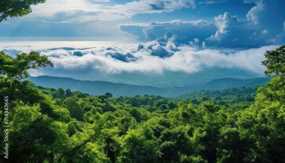 View of the sea of clouds from the top of the mountain peak. Tropical green forest