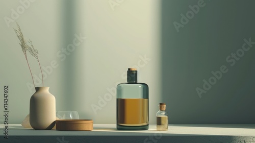  a couple of vases sitting on top of a table next to a bottle of liquid and a small container with a plant in it on top of a table.