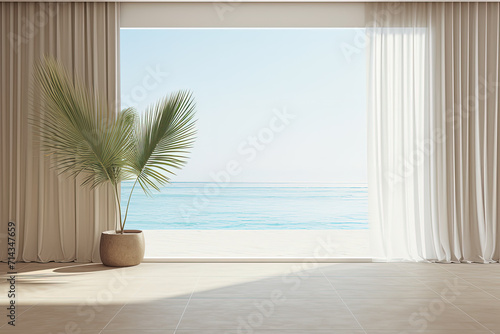 estancia de vivienda con decoración minimalista, compuesta de un jarrón con planta de interiores y gran ventanal con vistas al mar photo