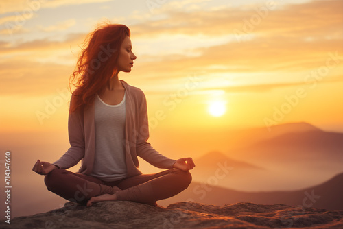 Woman in Meditation and Practicing Yoga in the Middle of Nature Theme of Serenity, Well-Being, Mental Health and Travel Escapes