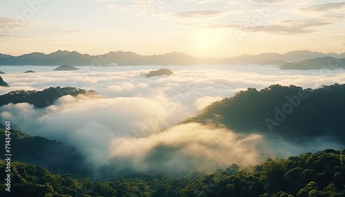 View of the sea of clouds from the top of the mountain peak. Tropical green forest, falling leaves with the vibrant morning reflection of the sunrise. © Virgo Studio Maple