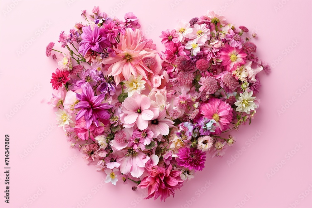 Fototapeta premium Heart made of flowers on a pink background. Love holiday concept