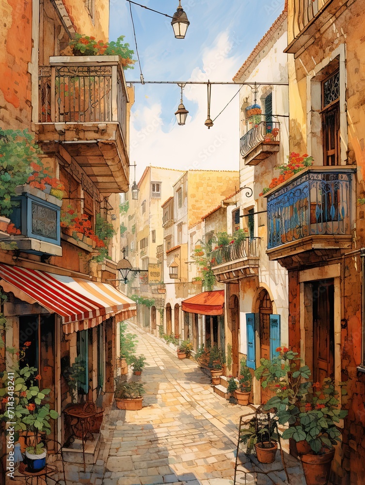 Nostalgic European Street Scenes: Vintage Art Print of Mediterranean Moments