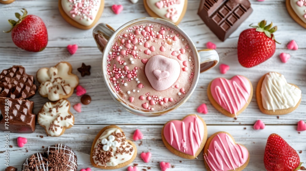 Valentine's Day Themed Feast Overhead - Heart Treats on Rustic Wood, Valentine's Day Concept Valentine's Day Themed Feast Overhead - Heart Treats on Rustic Wood, Valentine's Day Concept