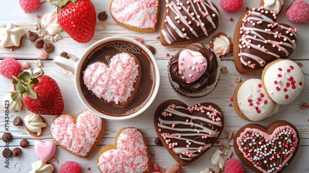 Valentine's Day Themed Feast Overhead - Heart Treats on Rustic Wood, Valentine's Day Concept Valentine's Day Themed Feast Overhead - Heart Treats on Rustic Wood, Valentine's Day Concept