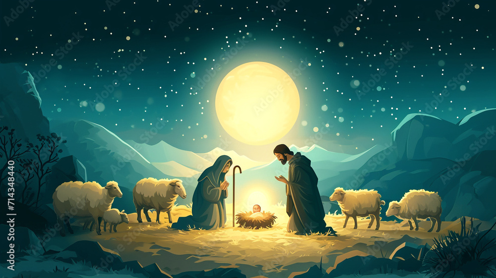 Nativity scene in Bethlehem, holy family with Joseph, Blessed Mary and ...