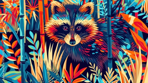  a painting of a raccoon in a forest of plants and flowers on a blue background with red  orange  yellow  and green leaves and blue colors.
