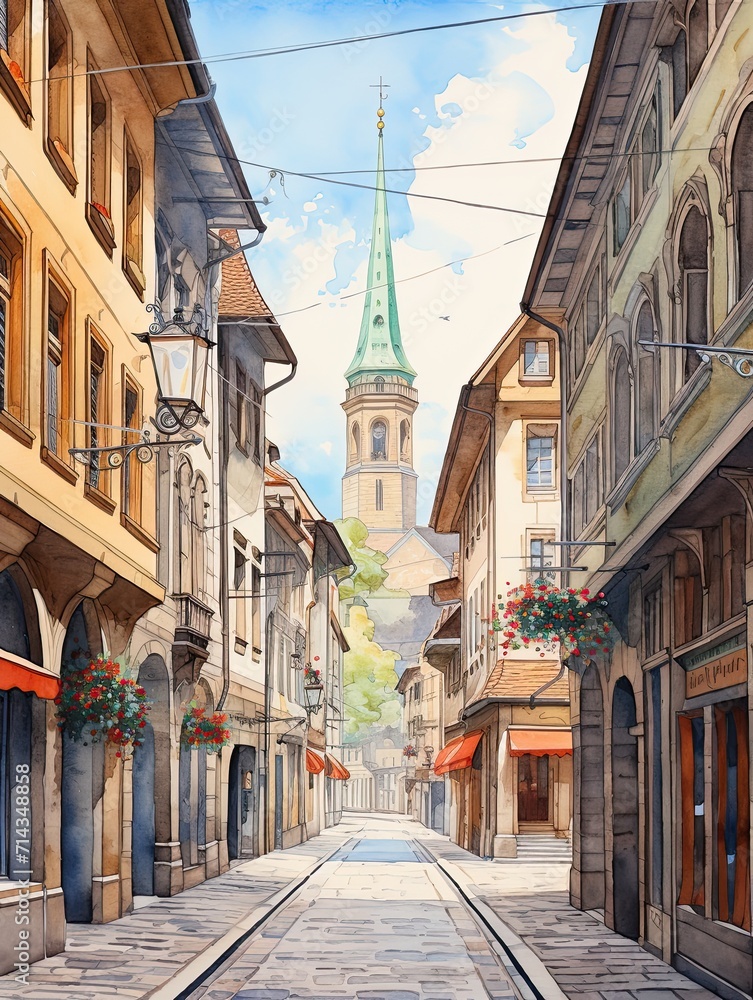 Nostalgic European Street Scenes: Zurich Streetscape Print - Vintage Travel Art