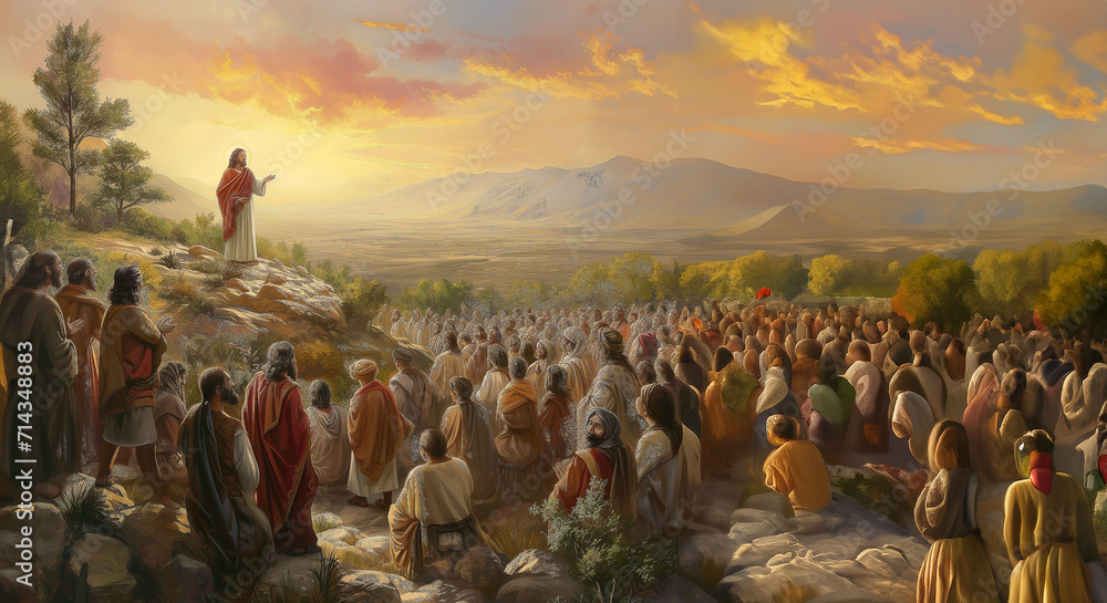 Fototapeta Jesus Christ stands in front of a large crowd and radiates