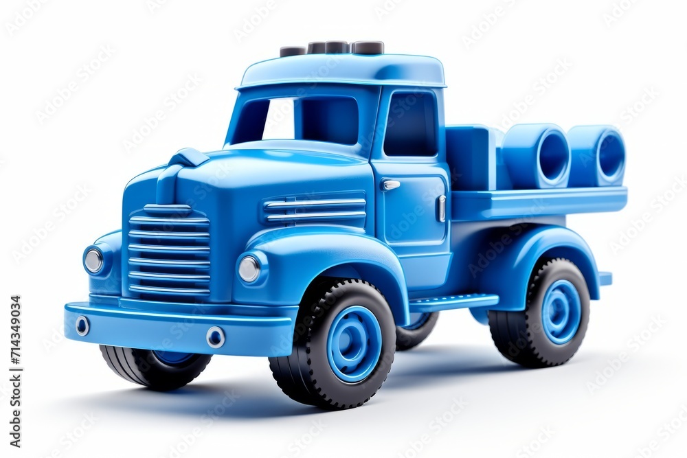 Blue toy truck isolated on a white background. Side view. Cartoonish fantastic childrens car. Concept of kids toys, playful designs, transport-themed playthings, and bright colors.