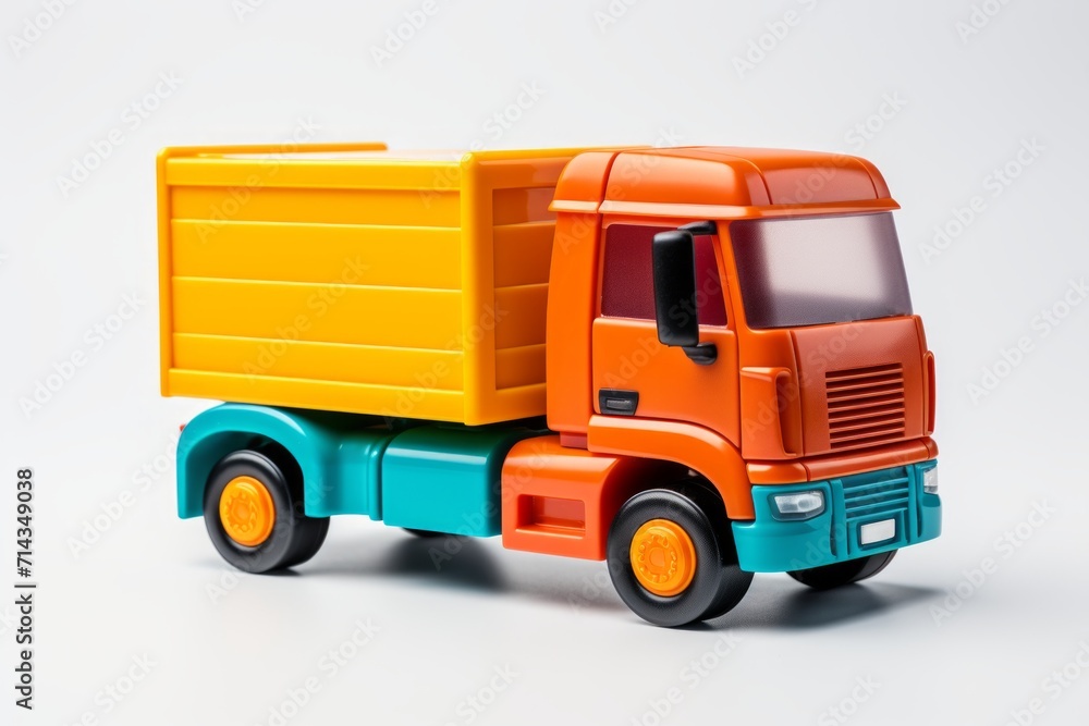 Orange toy truck isolated on a white background. Side view. Cartoonish childrens car. Concept of kids toys, playful designs, transport-themed playthings, and bright colors.