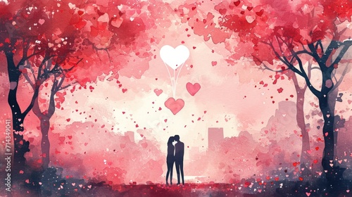 Silhouetted Love Under Heart Canopy - Watercolor in Pink and Red, Valentine's Day Concept