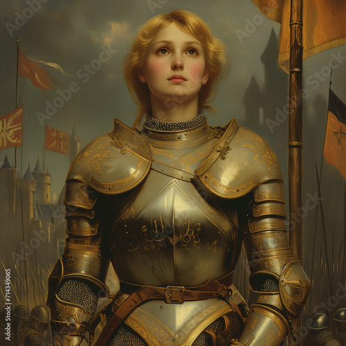 Joan of Arc, also known as Joan of Arc, in armor is a striking image of bravery and determination. photo