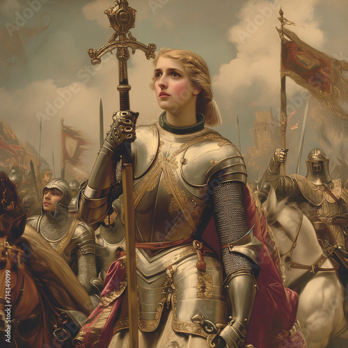 Joan of Arc, also known as Joan of Arc, in armor is a striking image of bravery and determination. photo