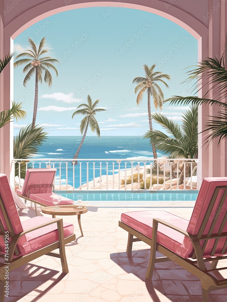 Fototapeta premium Pastel Beachside Vibes: Vintage Art Print of a Relaxing Resort Rendered