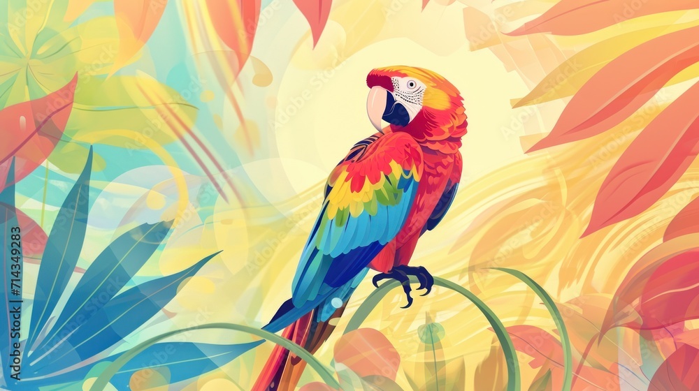 Obraz premium a colorful parrot sits on a branch in front of a background of tropical plants and leaves, with a yellow and blue bird in the middle of the foreground.