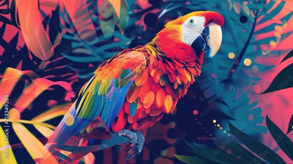 Obraz premium a colorful parrot sits on a branch in front of a tropical background of leaves and flowers, with a red, yellow, blue, and green parrot's.